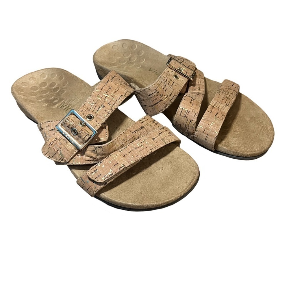 Vionic Cork Double Strap Slide Sandals Size 8 - Adjustable Buckle - EUC
